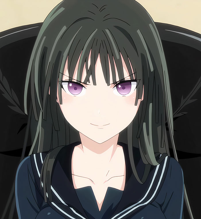 Female anime character with long dark hair and purple eyes, wearing a navy blue outfit, sitting confidently.