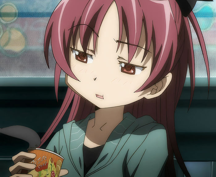Female anime character with pink hair holding a cup, looking thoughtful.