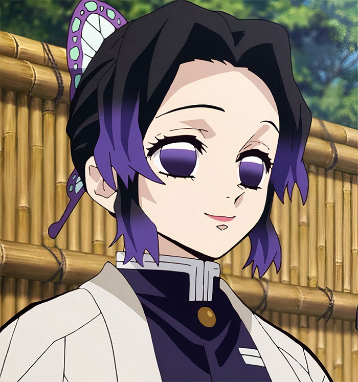 Anime character with purple accents standing in front of a bamboo background, portraying a favorite female anime persona.