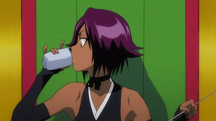 Anime character with purple hair drinking from a can, representing favorite female characters in a colorful setting.