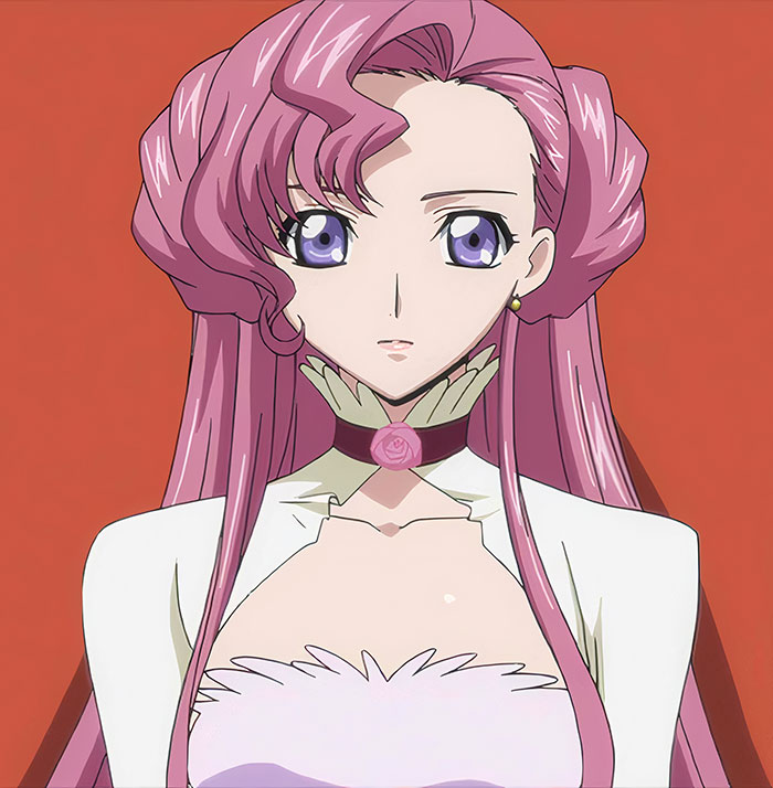 Pink-haired female anime character with purple eyes and floral accessories, representing popular anime characters.