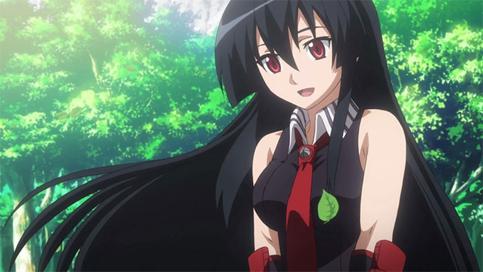 Anime character with long black hair and red eyes in a forest setting, representing favorite female anime characters.