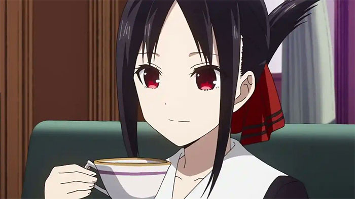 Female anime character with a black ribbon sipping tea, representing fan-favorite traits and style.