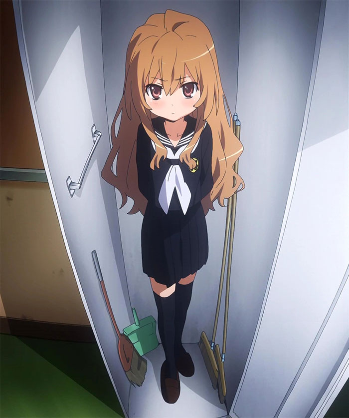 Anime character with long hair in a school uniform standing in a closet, representing a fan-favorite female anime character.