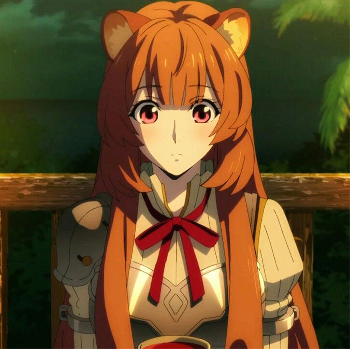 Anime character with orange hair and fox ears, wearing armor and a red bow, under a night sky.