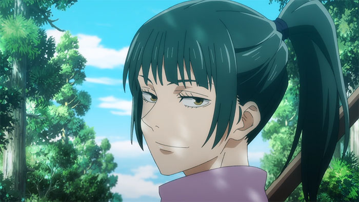 Female anime character with green hair and a ponytail, standing in a forest with dappled sunlight.