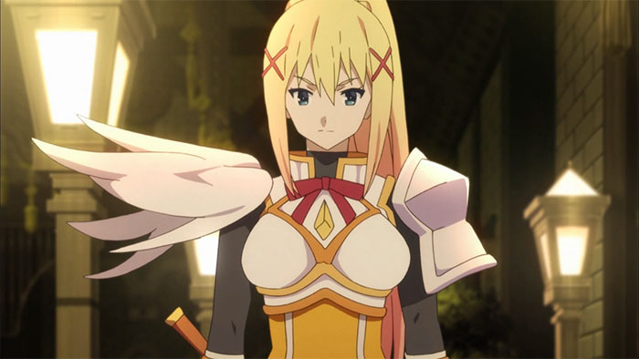 Female anime character with blonde hair in armor, standing confidently under streetlights.