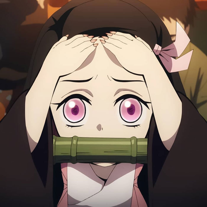 Anime character with brown hair and pink eyes, wearing a bamboo mouthpiece, is looking surprised.