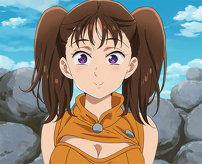 Anime character with brown pigtails and purple eyes in an orange outfit against a rocky sky background.