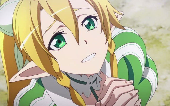 Blonde female anime character with green eyes and elf ears smiling, wearing a green and white outfit.