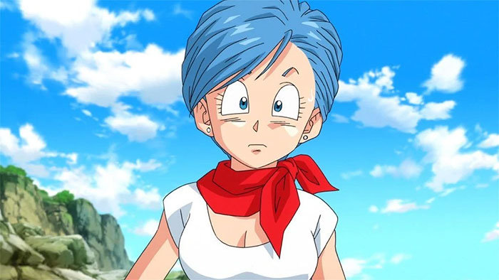 Female anime character with short blue hair and a red scarf stands outdoors under a blue sky.