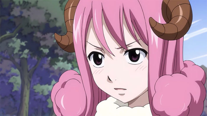 Pink-haired female anime character with horns, set against a forest background.