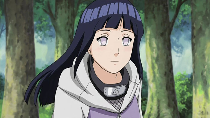 A beloved female anime character with long dark hair and a ninja outfit stands in a forest setting.