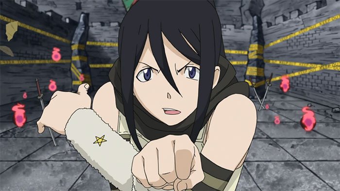 Female anime character in a dynamic pose with dark hair in a stone-walled environment.