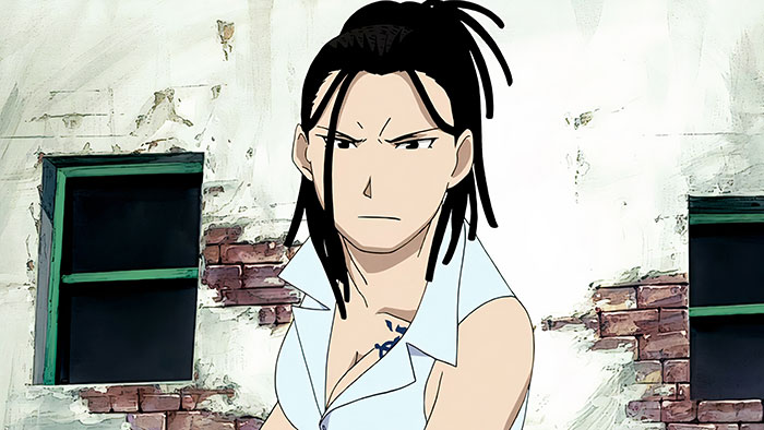 Anime character with dark hair and a determined expression standing in front of a weathered wall, depicting a favorite female.