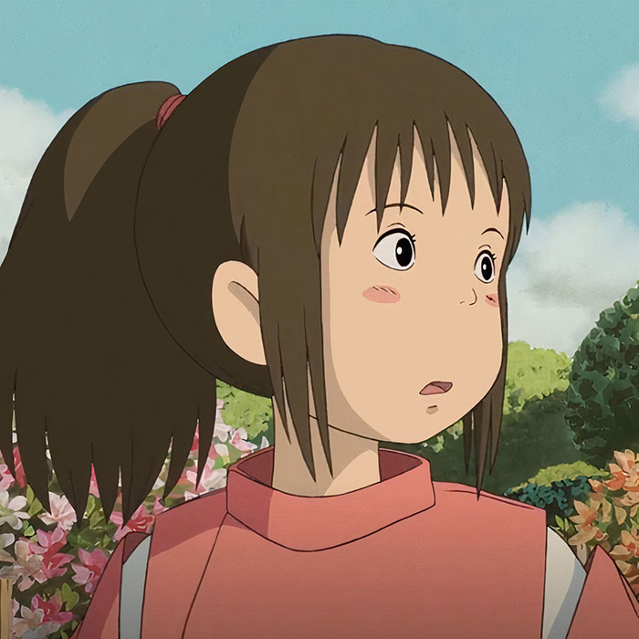 Anime character in a pink outfit, standing in a garden, looking surprised.