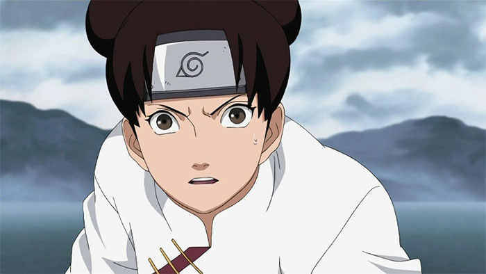 Female anime character with brown hair in a white outfit, serious expression, wearing a forehead protector with a symbol.