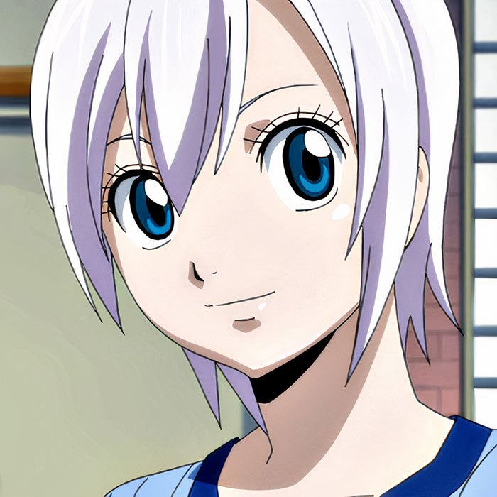 Iconic female anime character with short white hair and blue eyes, smiling gently, capturing classic anime style.
