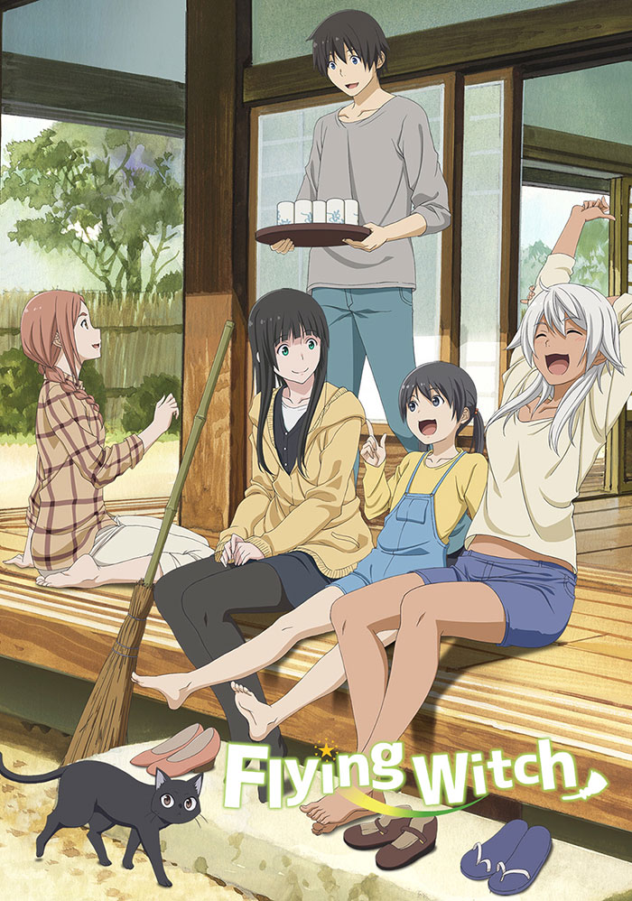 Anime for kids: A joyful group of characters sitting on a porch with a black cat nearby.