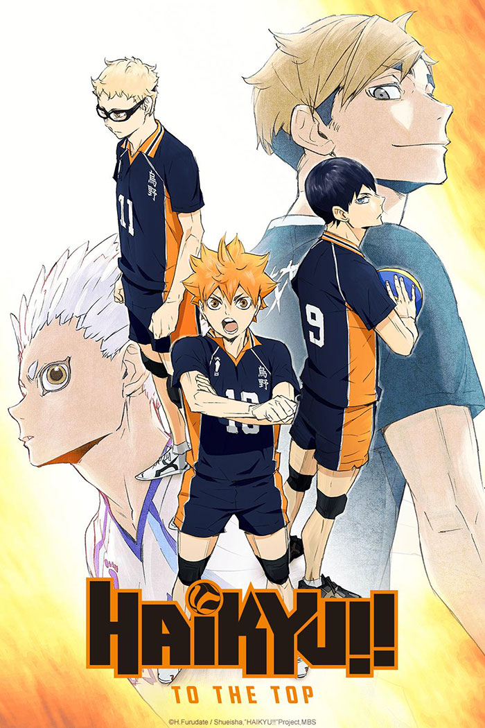 Anime for kids featuring volleyball players from "Haikyuu!!" in action poses.
