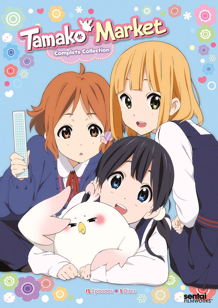 Three animated girls with a white bird from a kid-friendly anime series, "Tamako Market," surrounded by colorful floral designs.