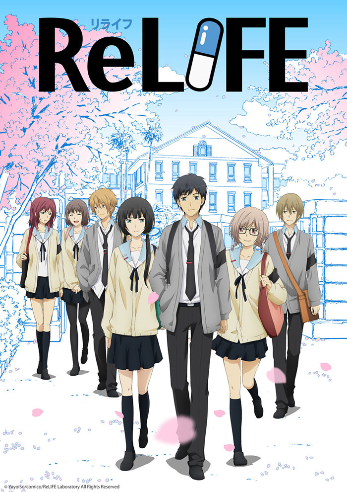 Anime characters in school uniforms walking outside a building, featuring "ReLIFE" logo.