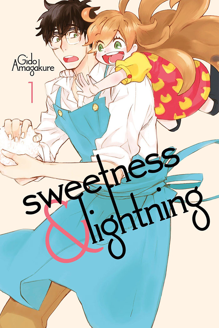 Anime cover of "Sweetness & Lightning," featuring a man in an apron and a cheerful child in colorful clothing.