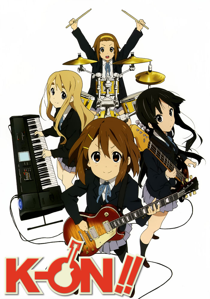 Anime for kids featuring a band of girls playing instruments in a lively performance.