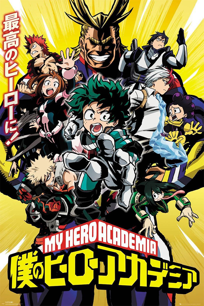 Anime characters from My Hero Academia in action pose.