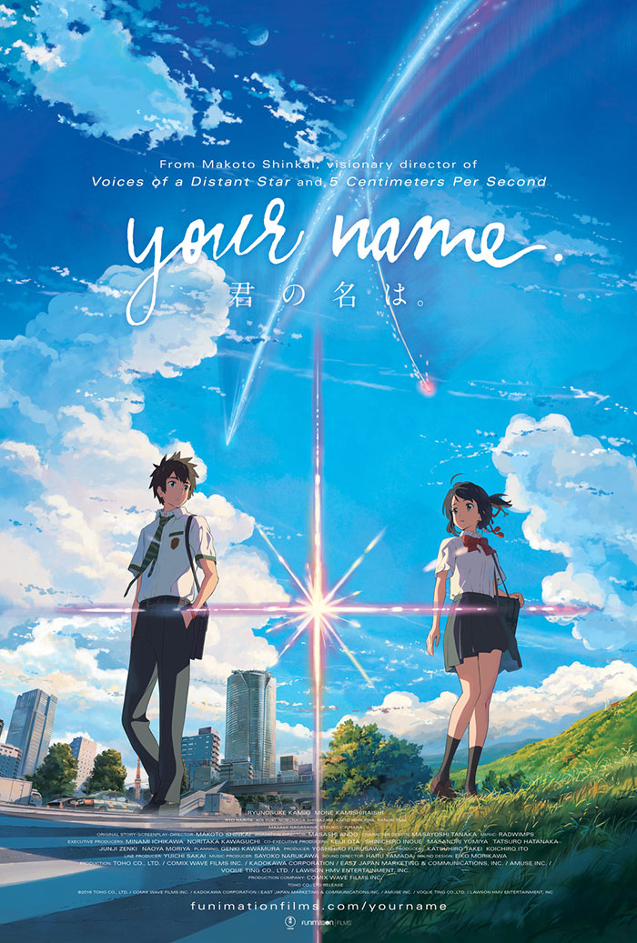 Anime movie poster with two characters under a blue sky, perfect for kids.
