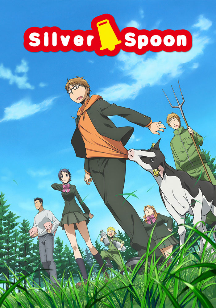 Anime characters walking with a cow in a grassy field under a blue sky, promoting kid-friendly anime.