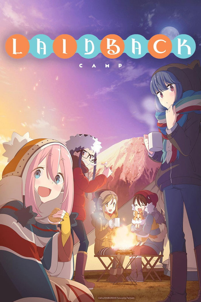 Kids watching anime characters camping by a fire, enjoying snacks, with snowy mountains in the background.