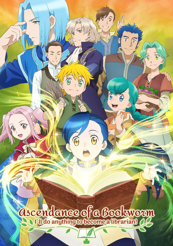 Colorful characters from "Ascendance of a Bookworm," an anime suitable for kids, gather around an open magical book.
