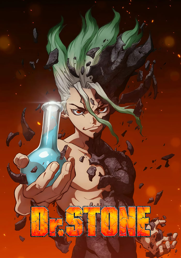 Character from kid-friendly anime holds a beaker, promoting the title "Dr. Stone" against an orange background with debris.