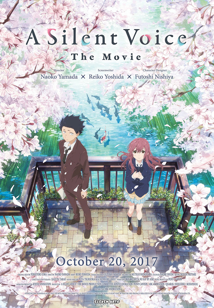 Anime for kids: A Silent Voice movie poster, featuring a boy and girl on a balcony surrounded by cherry blossoms.