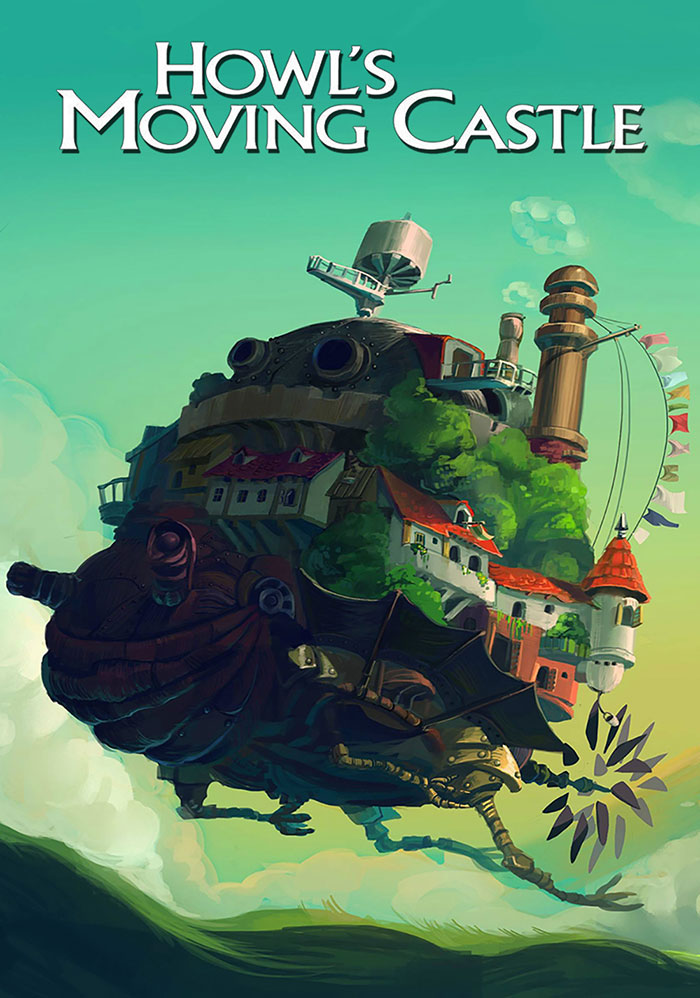 Howl's Moving Castle with lush greenery and whimsical architecture, perfect anime for kids to watch.