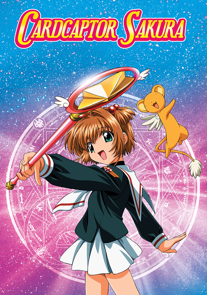 "Anime character Sakura with a magic wand and flying creature, set against a colorful background."