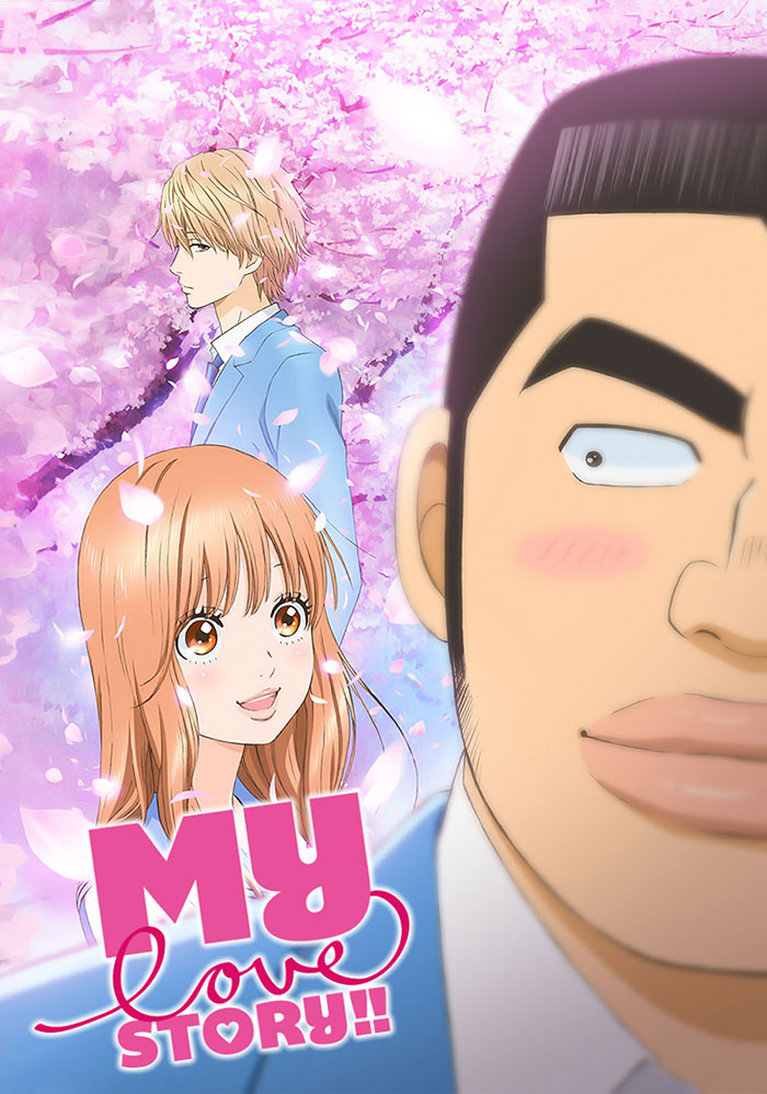 Anime characters in a romantic scene with cherry blossoms, suitable for kids to watch with parents.