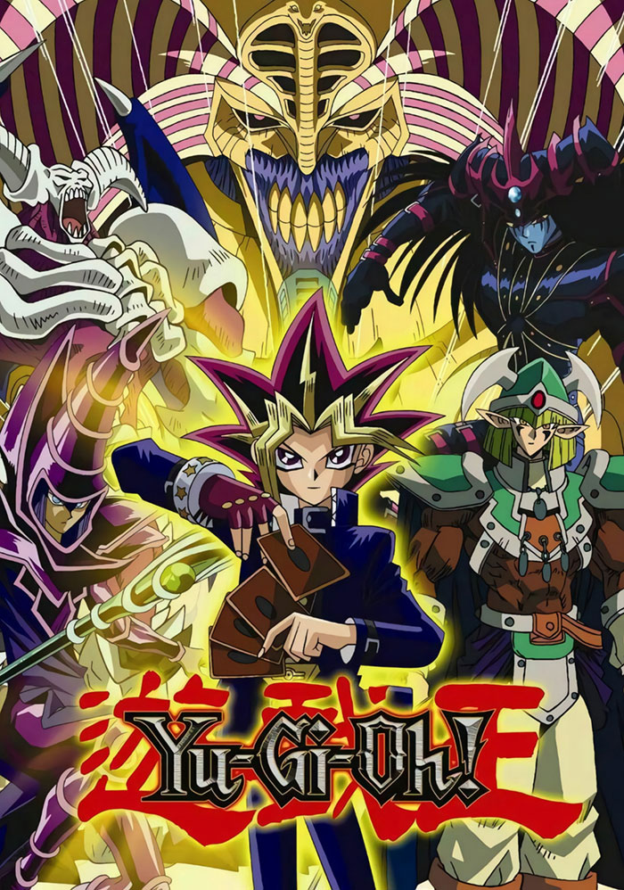 Anime characters from Yu-Gi-Oh! with magical cards and creatures in vibrant colors.