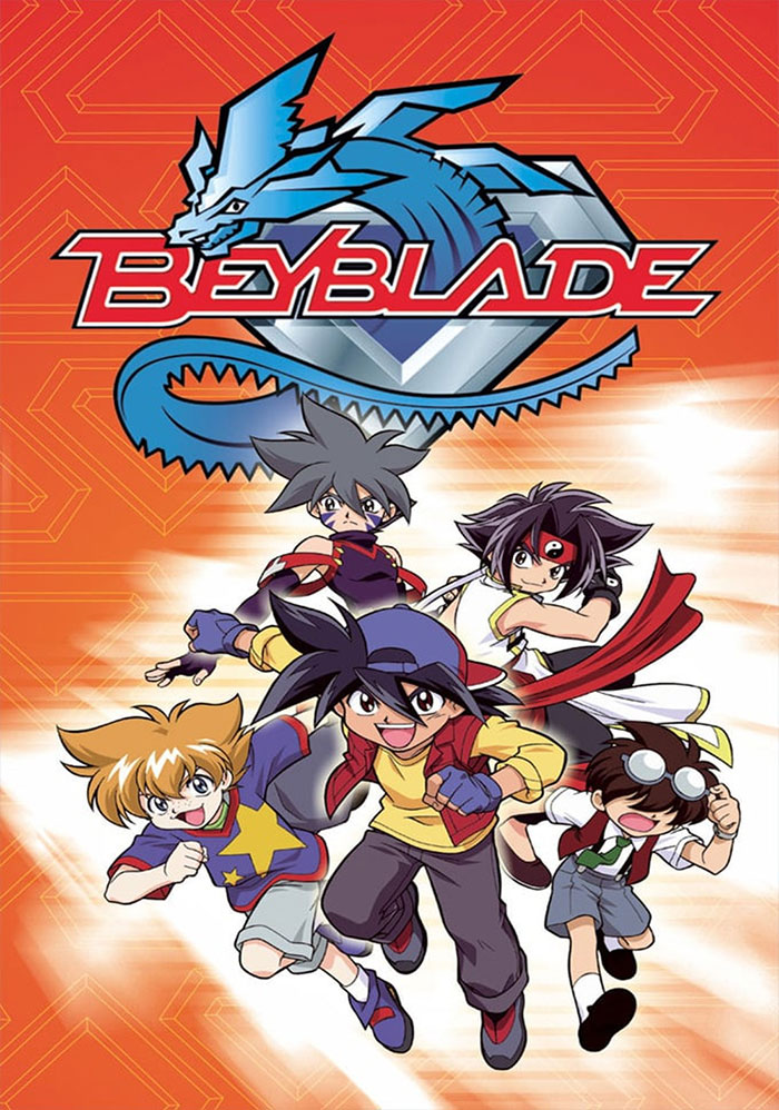 "Characters from Beyblade anime for kids, showcasing action and adventure on an orange background."