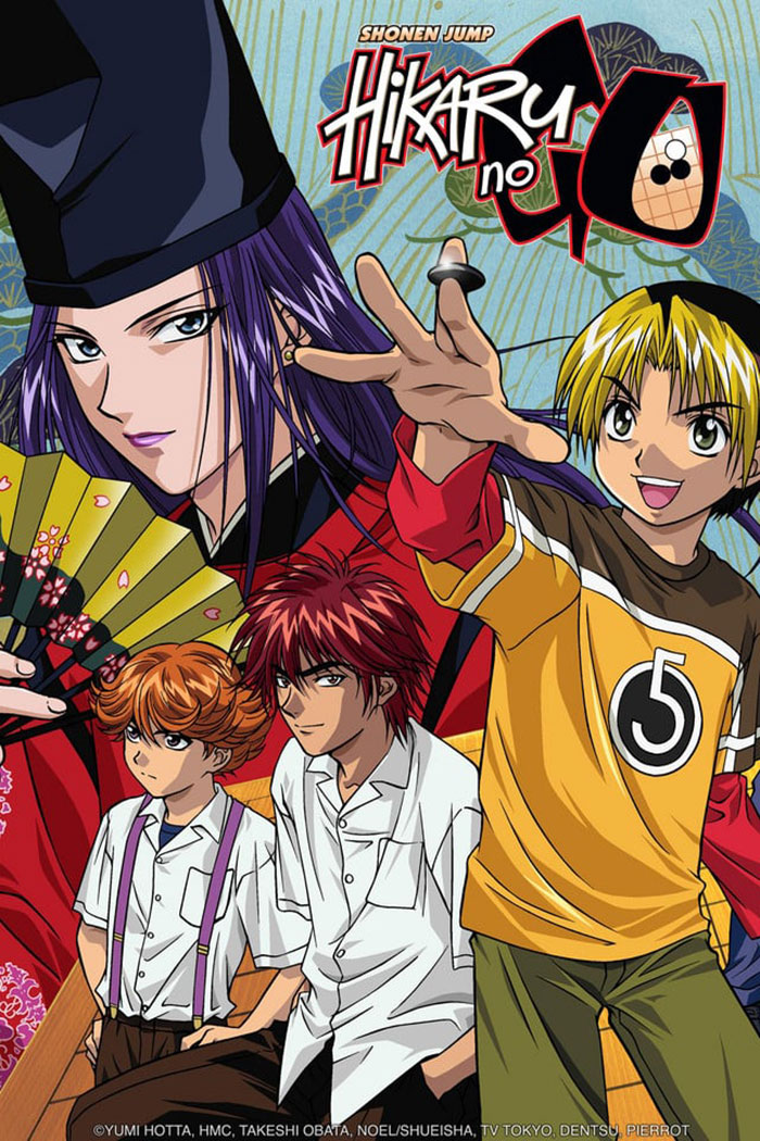Characters from "Hikaru no Go," a popular anime for kids, featuring vibrant illustrations and dynamic poses.
