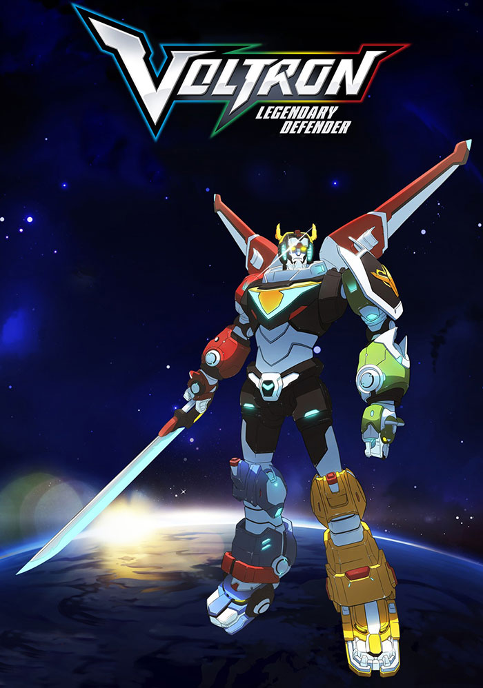 Voltron robot with sword in space, from anime popular with kids.