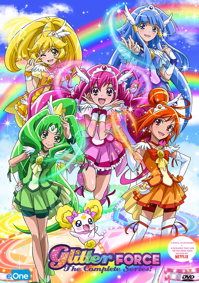 Colorful anime characters from "Glitter Force," suitable for children, with rainbows and bright costumes.