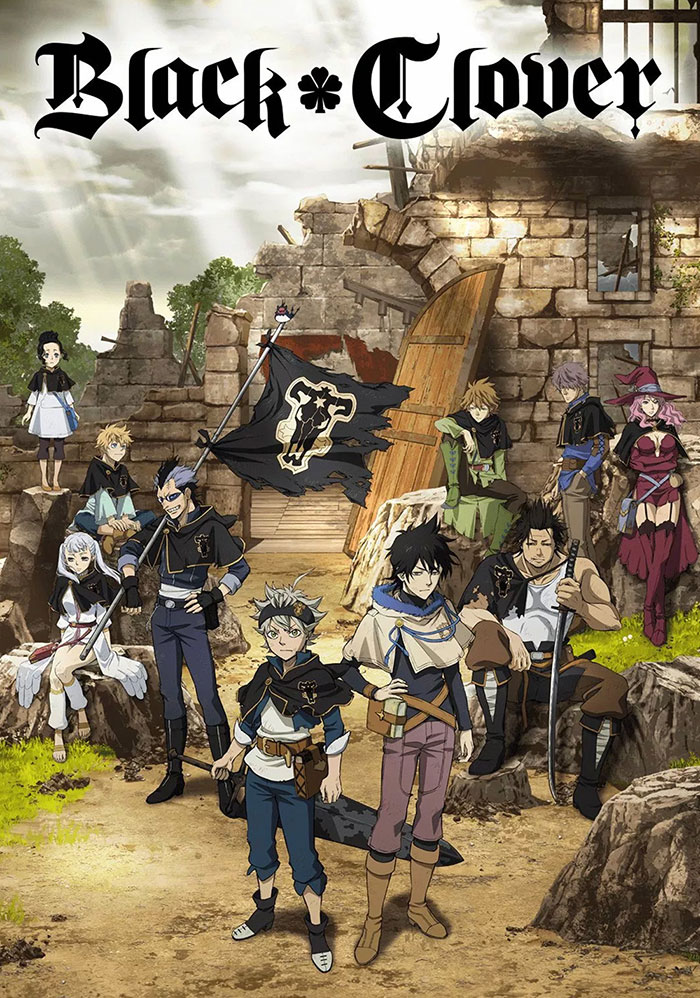 Black Clover anime characters stand in front of a ruined building, ideal for kids to watch.
