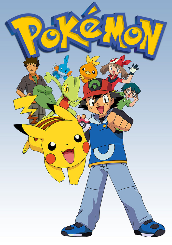 Anime for kids: Colorful characters from Pokémon, featuring a yellow creature with red cheeks and a young trainer.