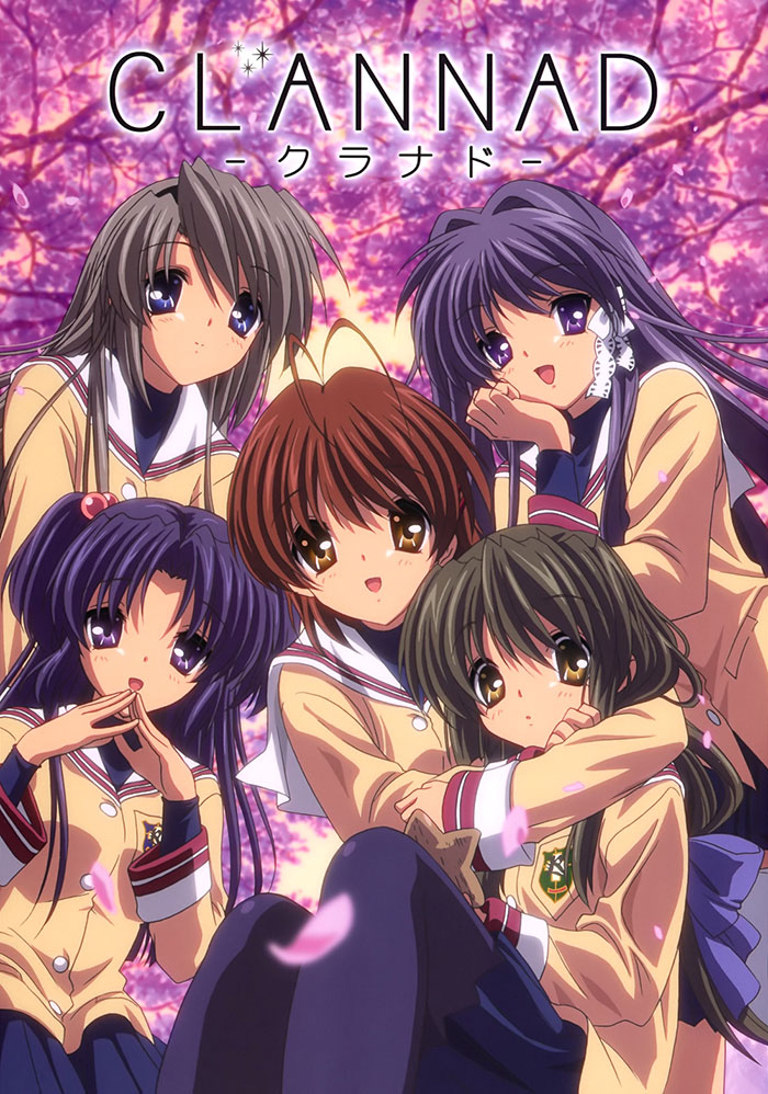 "Anime characters in school uniforms sitting under cherry blossoms."