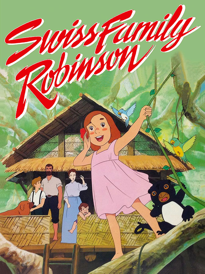 Anime for kids featuring a cheerful girl, family, and animals on a treehouse with "Swiss Family Robinson" text.