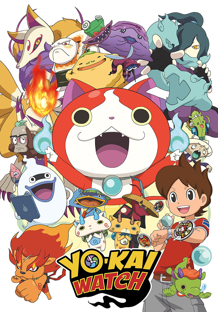 Colorful Yo-Kai Watch characters and human friend posing energetically, promoting anime for kids.