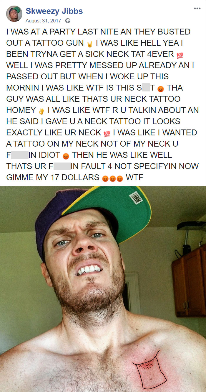 Man with a confused expression showing a questionable neck tattoo, highlighting bad tattoo choices.