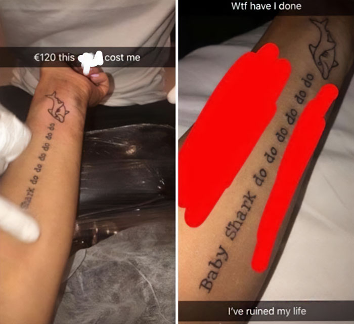 Tattoo of a shark with text "Baby Shark do do do do do" on an arm, highlighting bad tattoo decisions.